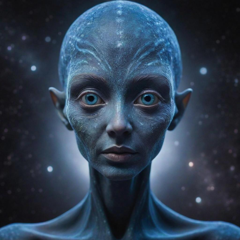 A stunning close-up portrait of an alien being, featuring intricate blue skin texture with luminescent patterns, large striking blue eyes, and elongated ears