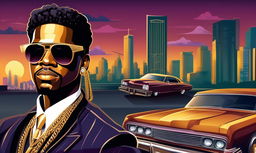 Gangster rapper in tailored suit with gold chain and sunglasses against cityscape at dusk