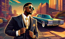 Gangster rapper in tailored suit with gold chain and sunglasses against cityscape at dusk