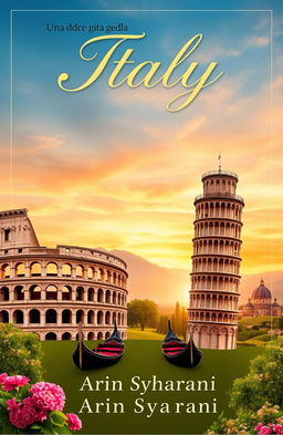 A beautiful book cover design featuring iconic symbols of Italy such as the Colosseum, Leaning Tower of Pisa, gondolas of Venice, and lush Tuscan countryside