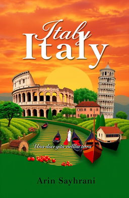 A beautiful book cover design featuring iconic symbols of Italy such as the Colosseum, Leaning Tower of Pisa, gondolas of Venice, and lush Tuscan countryside