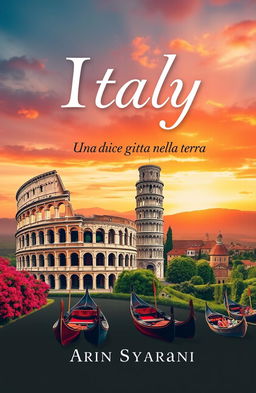 A beautiful book cover design featuring iconic symbols of Italy such as the Colosseum, Leaning Tower of Pisa, gondolas of Venice, and lush Tuscan countryside
