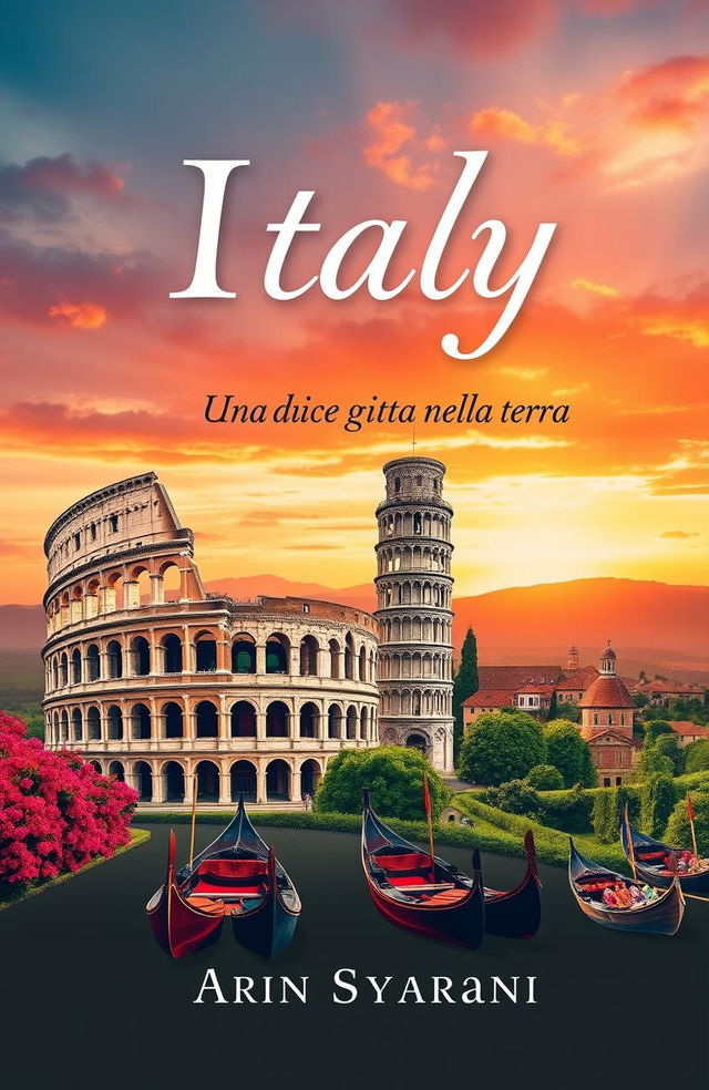 A beautiful book cover design featuring iconic symbols of Italy such as the Colosseum, Leaning Tower of Pisa, gondolas of Venice, and lush Tuscan countryside