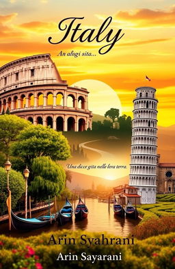 A beautiful book cover design featuring iconic symbols of Italy such as the Colosseum, Leaning Tower of Pisa, gondolas of Venice, and lush Tuscan countryside