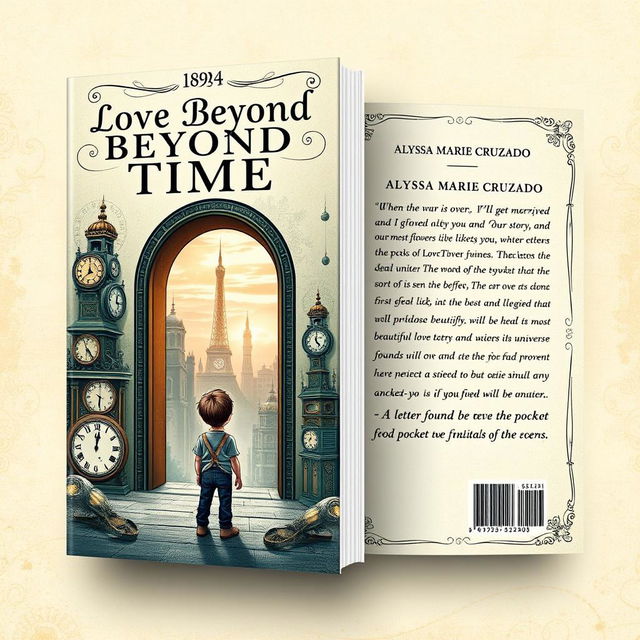 A book cover design themed around time travel, inspired by the year 1894, featuring both the front and back covers