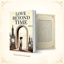 A book cover design themed around time travel, inspired by the year 1894, featuring both the front and back covers