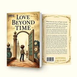 A book cover design themed around time travel, inspired by the year 1894, featuring both the front and back covers