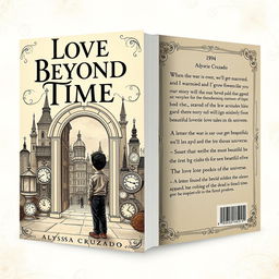 A book cover design themed around time travel, inspired by the year 1894, featuring both the front and back covers