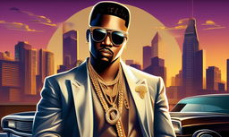 Gangster rapper in tailored suit with gold chain and sunglasses against cityscape at dusk