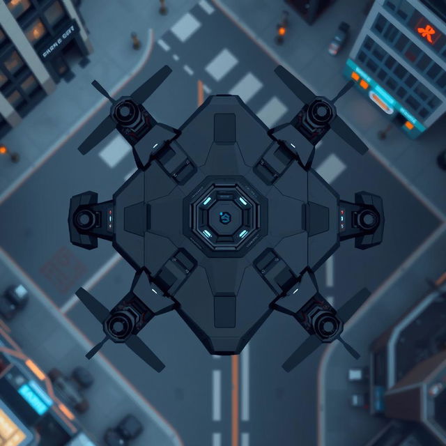 A futuristic ground drone viewed from above, designed in pixel art style