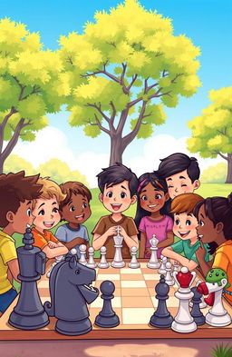 A whimsical and colorful illustration showing a diverse group of children gathered around a chessboard in a sunny park