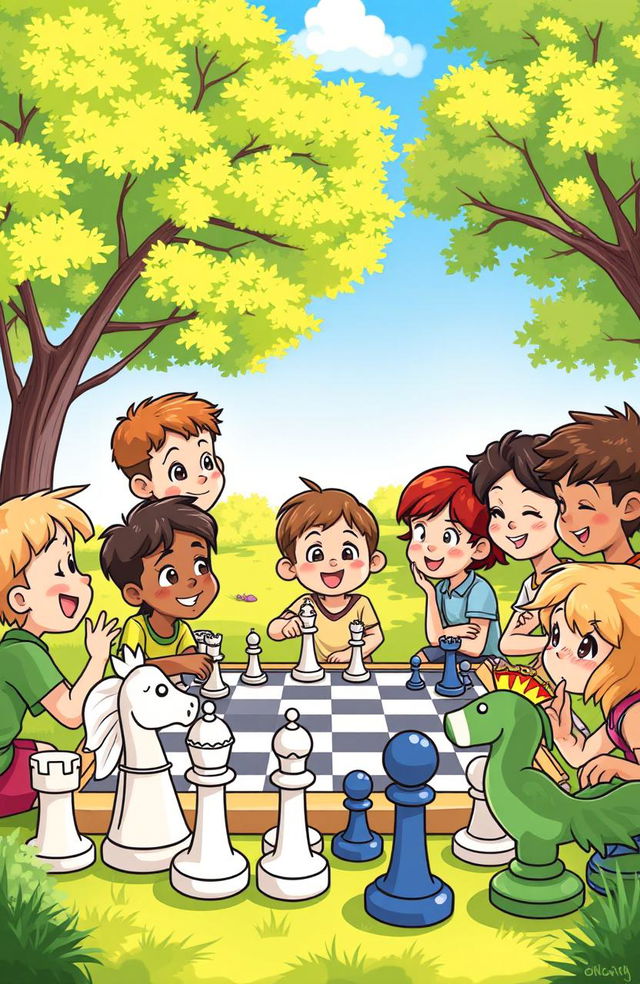 A whimsical and colorful illustration showing a diverse group of children gathered around a chessboard in a sunny park