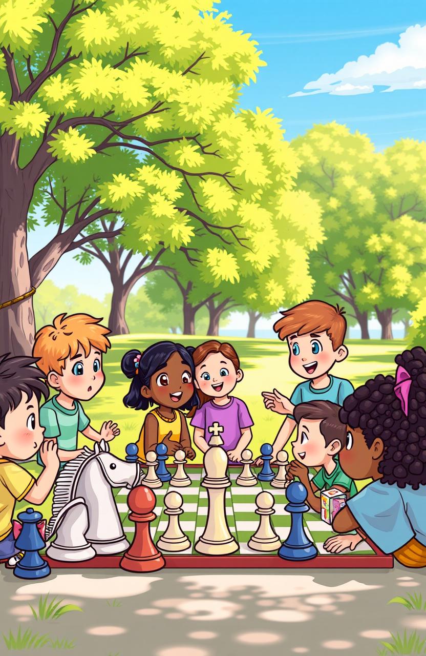 A whimsical and colorful illustration showing a diverse group of children gathered around a chessboard in a sunny park