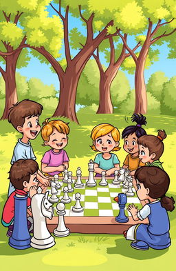 A whimsical and colorful illustration showing a diverse group of children gathered around a chessboard in a sunny park