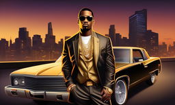 Realistic gangster rapper in tailored suit with gold chain and sunglasses against cityscape at dusk