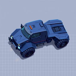 A futuristic truck in a top-down view, designed in pixel art style