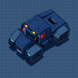 A futuristic truck in a top-down view, designed in pixel art style