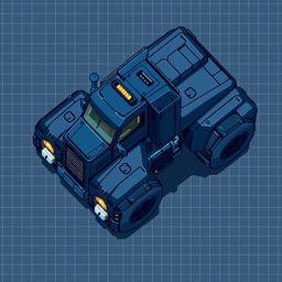 A futuristic truck in a top-down view, designed in pixel art style