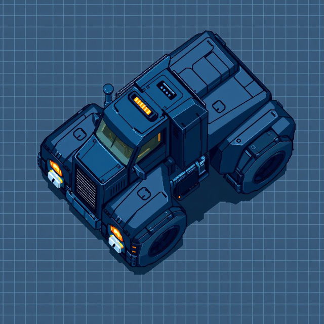 A futuristic truck in a top-down view, designed in pixel art style