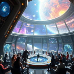 A breathtaking representation of a Galactic Federation, featuring diverse alien species from different planets united in a grand council chamber