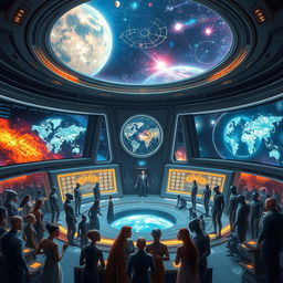 A breathtaking representation of a Galactic Federation, featuring diverse alien species from different planets united in a grand council chamber