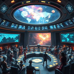 A breathtaking representation of a Galactic Federation, featuring diverse alien species from different planets united in a grand council chamber