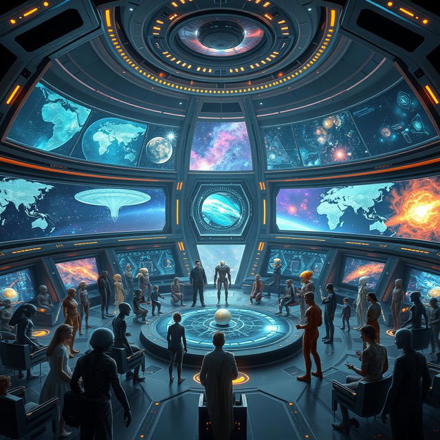 A breathtaking representation of a Galactic Federation, featuring diverse alien species from different planets united in a grand council chamber