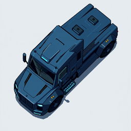 A futuristic truck in a top-down view, designed in pixel art style