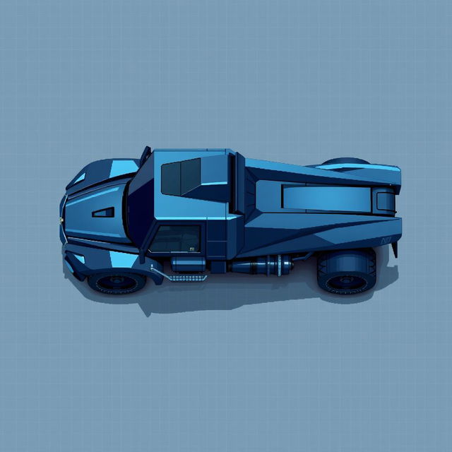 A futuristic truck in a top-down view, designed in pixel art style