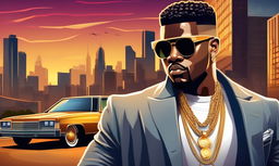 Realistic gangster rapper in tailored suit with gold chain and sunglasses against cityscape at dusk