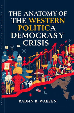 A striking book cover titled 'The Anatomy of the Western Political Crisis', featuring a captivating blend of cultural, economic, social, and political elements that represent Western democracy