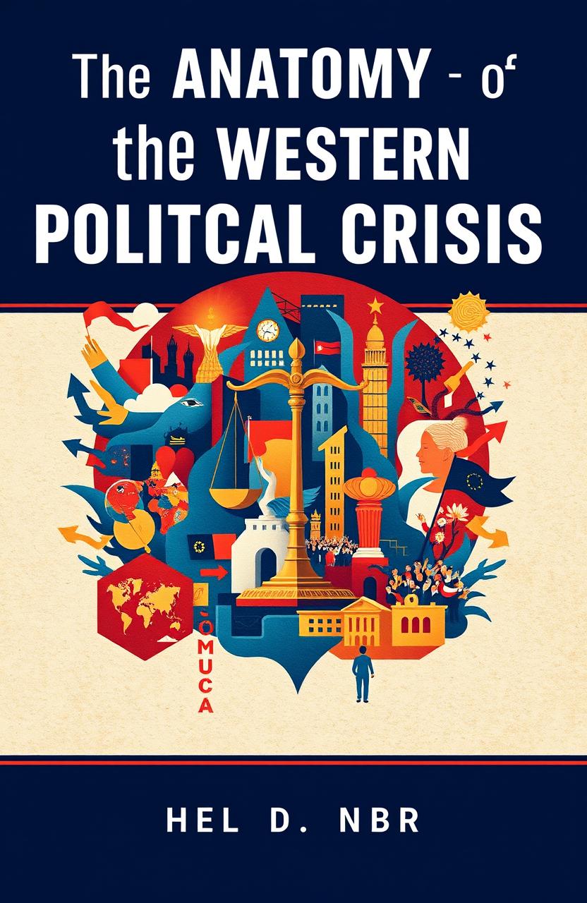 A striking book cover titled 'The Anatomy of the Western Political Crisis', featuring a captivating blend of cultural, economic, social, and political elements that represent Western democracy