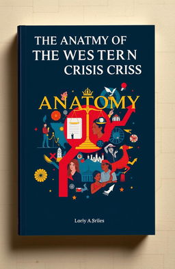 A striking book cover titled 'The Anatomy of the Western Political Crisis', featuring a captivating blend of cultural, economic, social, and political elements that represent Western democracy