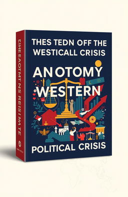 A striking book cover titled 'The Anatomy of the Western Political Crisis', featuring a captivating blend of cultural, economic, social, and political elements that represent Western democracy