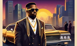 Realistic gangster rapper in tailored suit with gold chain and sunglasses against cityscape at dusk