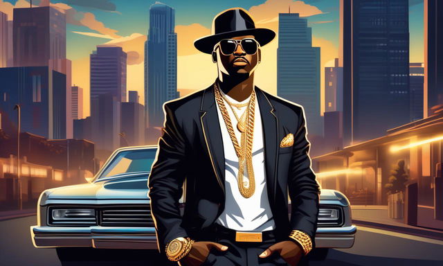 Realistic gangster rapper in tailored suit with gold chain and sunglasses against cityscape at dusk