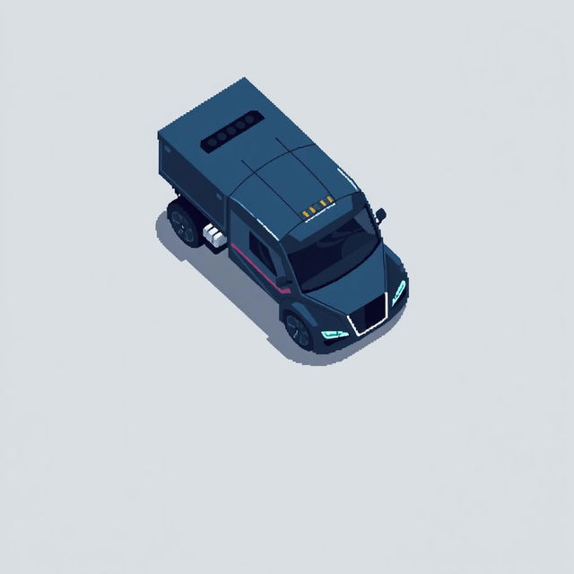 A futuristic truck depicted in pixel art style, featuring a sleek and streamlined design with a dark blue and grey color palette