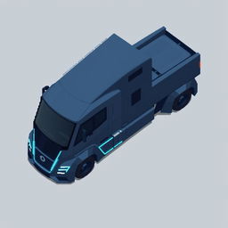 A futuristic truck depicted in pixel art style, featuring a sleek and streamlined design with a dark blue and grey color palette