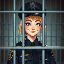 A cute blonde female police officer in a jail cell, playfully showing her playful side with an adorable smirk on her face