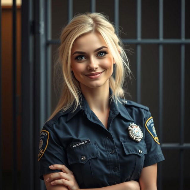 A cute blonde female police officer in a jail cell, playfully showing her playful side with an adorable smirk on her face