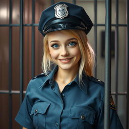 A cute blonde female police officer in a jail cell, playfully showing her playful side with an adorable smirk on her face