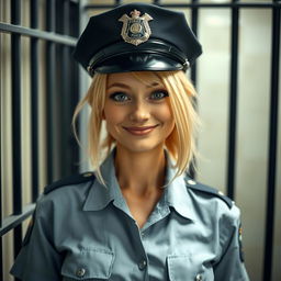 A cute blonde female police officer in a jail cell, playfully showing her playful side with an adorable smirk on her face