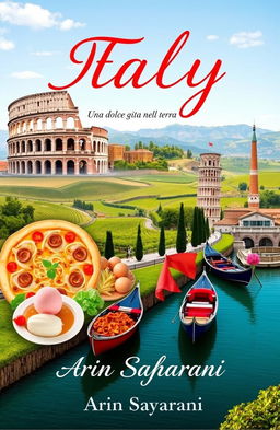 A stunning book cover for "Italy" by Arin Syahrani, featuring iconic Italian landmarks such as the Colosseum, Leaning Tower of Pisa, and gondolas in Venice