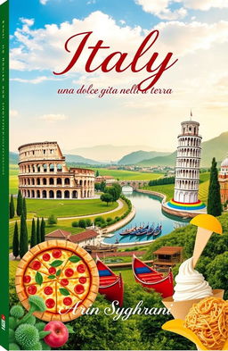 A stunning book cover for "Italy" by Arin Syahrani, featuring iconic Italian landmarks such as the Colosseum, Leaning Tower of Pisa, and gondolas in Venice