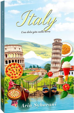 A stunning book cover for "Italy" by Arin Syahrani, featuring iconic Italian landmarks such as the Colosseum, Leaning Tower of Pisa, and gondolas in Venice