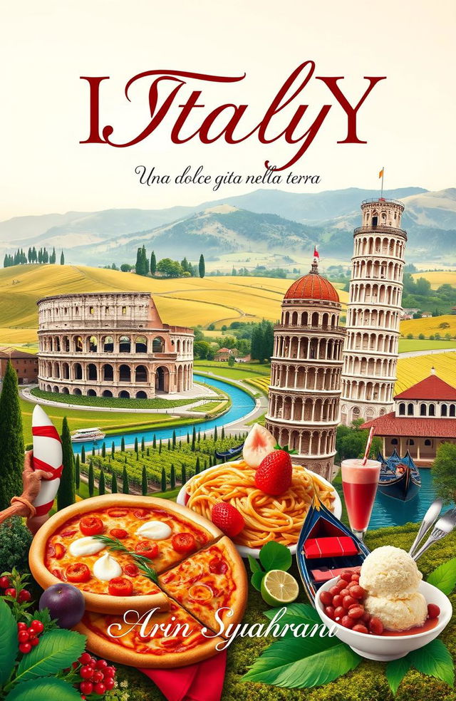 A stunning book cover for "Italy" by Arin Syahrani, featuring iconic Italian landmarks such as the Colosseum, Leaning Tower of Pisa, and gondolas in Venice