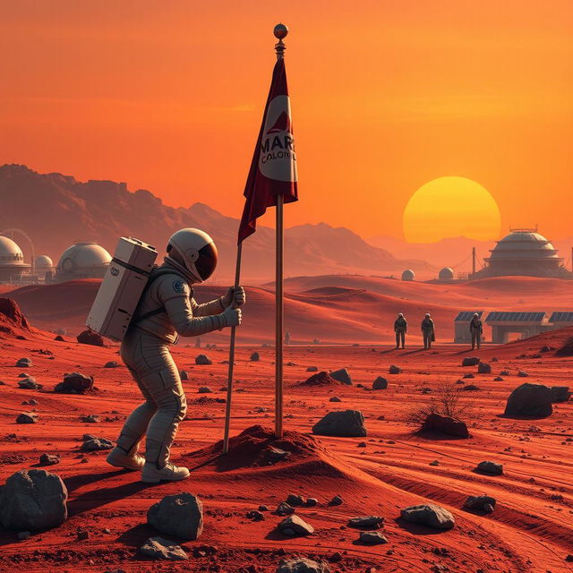 A dramatic and vibrant vision of Mars colonization, showcasing futuristic astronauts exploring a red Martian landscape