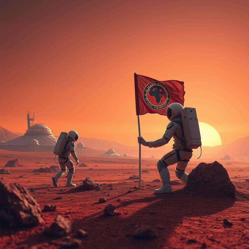 A dramatic and vibrant vision of Mars colonization, showcasing futuristic astronauts exploring a red Martian landscape