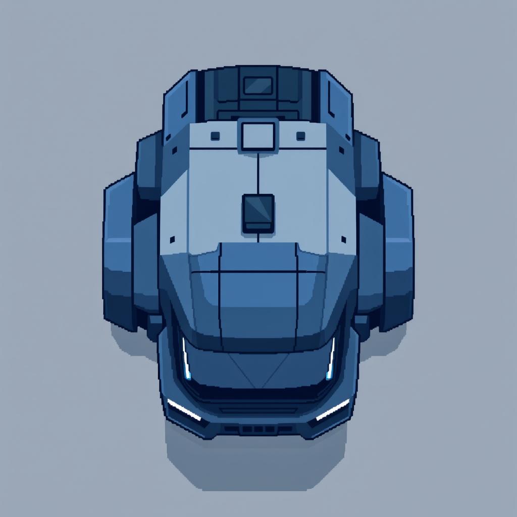 A futuristic truck in pixel art style, featuring a dark blue and gray color scheme