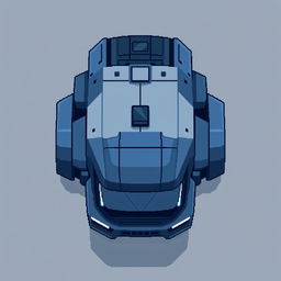 A futuristic truck in pixel art style, featuring a dark blue and gray color scheme